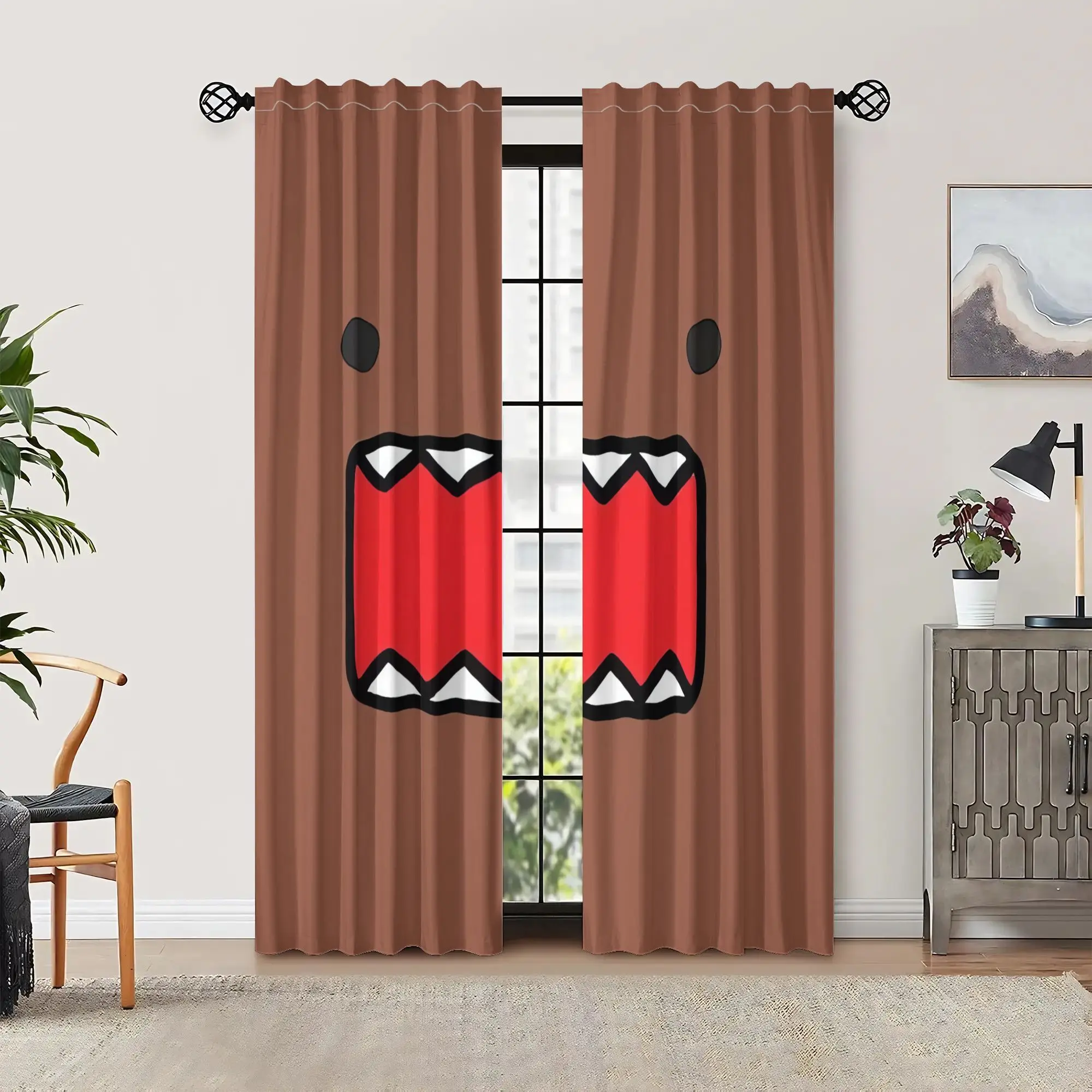 Funny Monster Curtain, Cute Brown Face Window Drape, Cartoon Character Blackout Panel, Kids Bedroom Playroom Home Decor