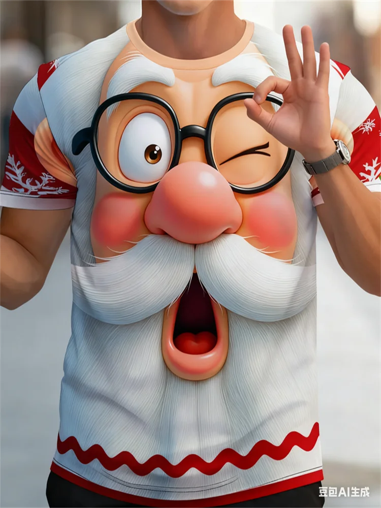 صيف جديد ثلاثية الأبعاد مطبوعة مضحك سانتا كلوز تي شيرت رجالي موضة عطلة قصيرة الأكمام المحملة عادية طاقم الرقبة فضفاض ملابس الشارع الشهير #3