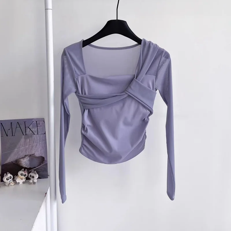 Women Sexy Mesh Spliced Long Sleeve Yoga Crop Top Padded Breathable Sports Tee for Gym Pilates Workout Training Fitness