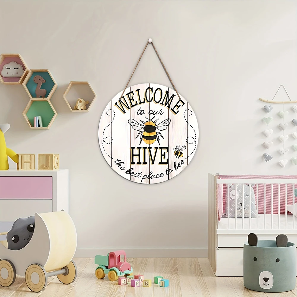 1Pc Bee Welcome To Our Hive Wood Hanging Sign For Home Garden Decor,Rustic Round Wooden Wall Hanging Plaque Sign For Outdoor Dec