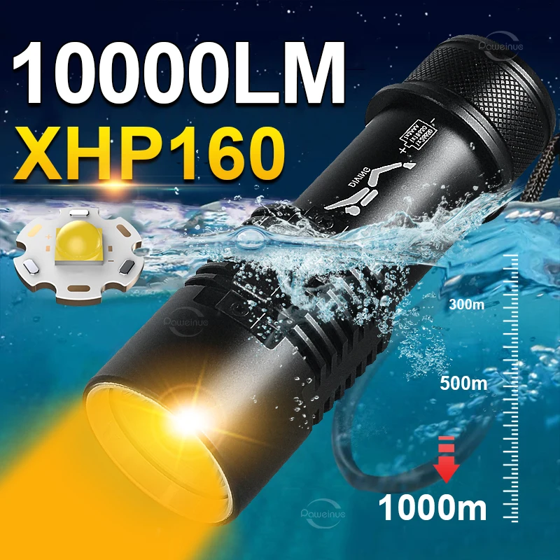 

10000LM XHP160 Professional Diving Flashlight Diving Lamp Yellow Light Rechargeable Waterproof Torch Underwater Lighting 1000m