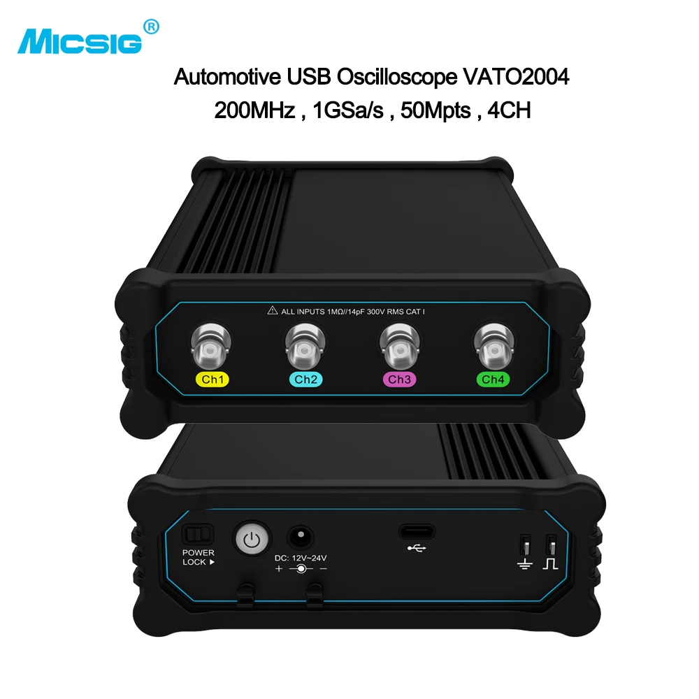 Osciloscopio automotriz Micsig VATO2004 200MHz USB osciloscopio 4CH 1GSa/s 50Mpts osciloscopio portátil con batería 7500mAh