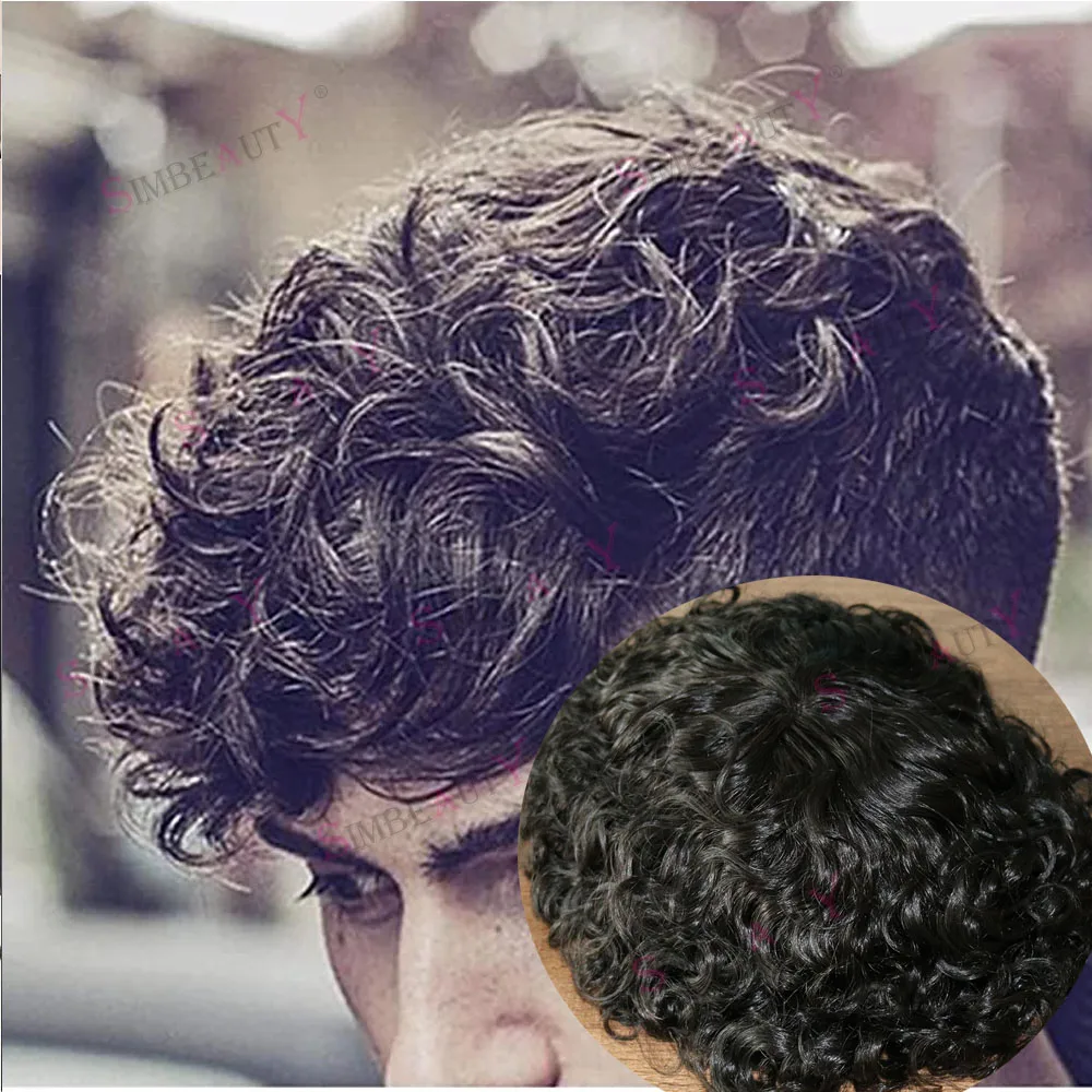 25mm Curly Natural Hairline Toupee Super Durable Thin Skin Wig Full PU Wave Human Hair System Men's Prosthesis Hairpiece Unit