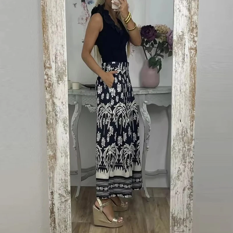 

Bohemia Women Long Pants Elastic Waist Adjustable Tie Wide Leg Spring Casual Trousers Retro Floral Coconut Print Lounge Pants