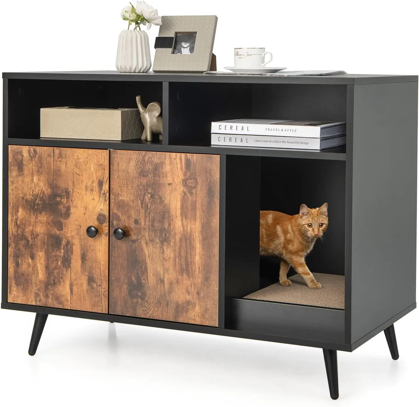 

Litter Box Enclosure, Wooden Cat Litter Box Furniture Hidden with Shelves & Scratching Pad, Kitty Large Litter Box Washroom