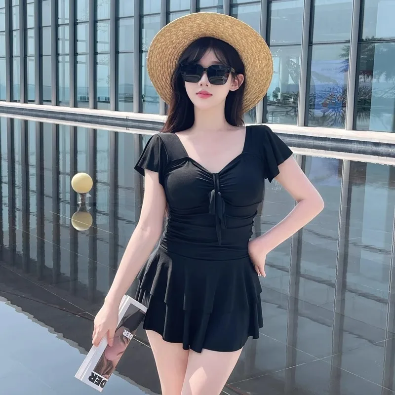 Sweet Ruffle Sleeve One Piece Swimsuit Dress with Bow Front Ruched Waist Flared Skirt Modest Swimwear for Beach Pool Vacation - Image 2