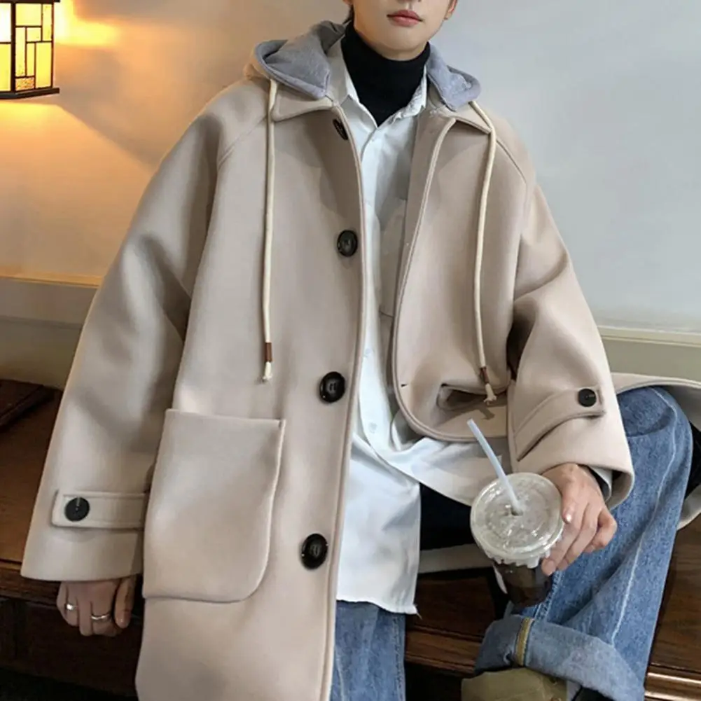 Men Woolen Coat Hooded Drawstring Long Sleeve Single Breasted Jacket Coat With Large Pockets Slim fit Long Windbreaker Lapel