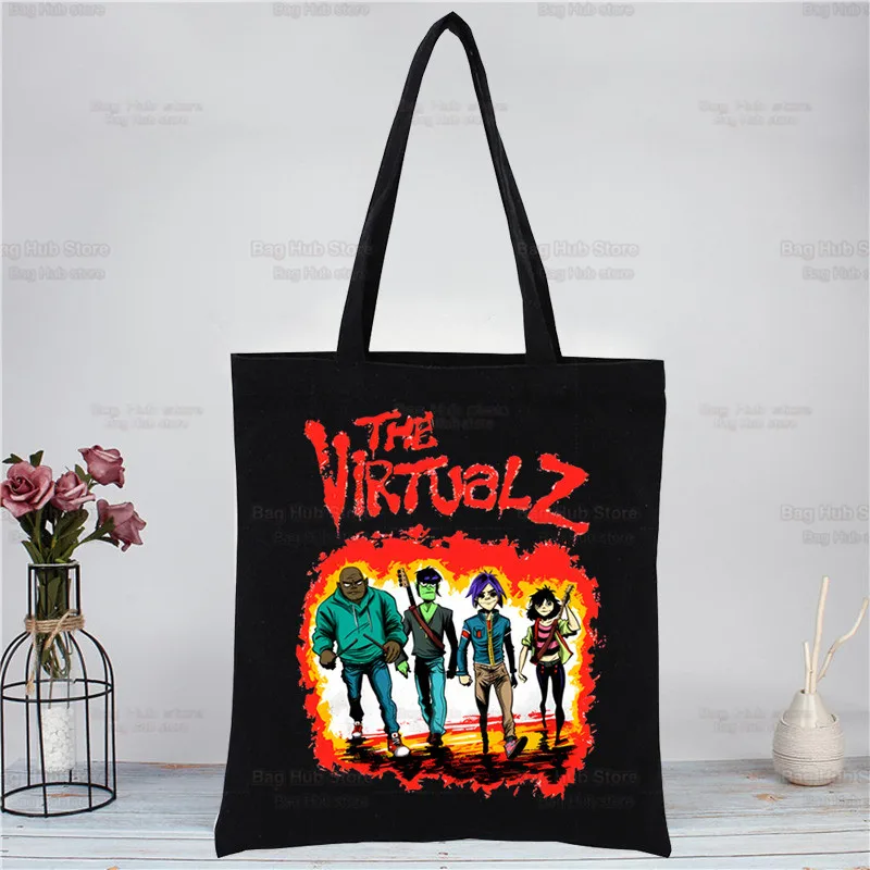 Music Band Gorillaz PUNK ROCK ChakaKhan Noodle Shopping Black Bags Canvas Tote Bag Cartoon Reusable Bag Handbag Shoulder Bags