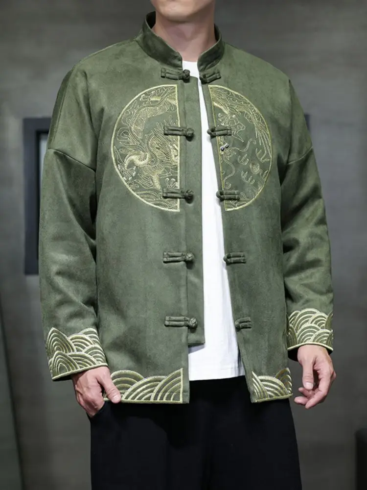 

New Chinese Sle Men's Embroidered irt Stand Collar Button up Loose Fit Long Sve Breathable Spring Faion Hanfu Tang C...