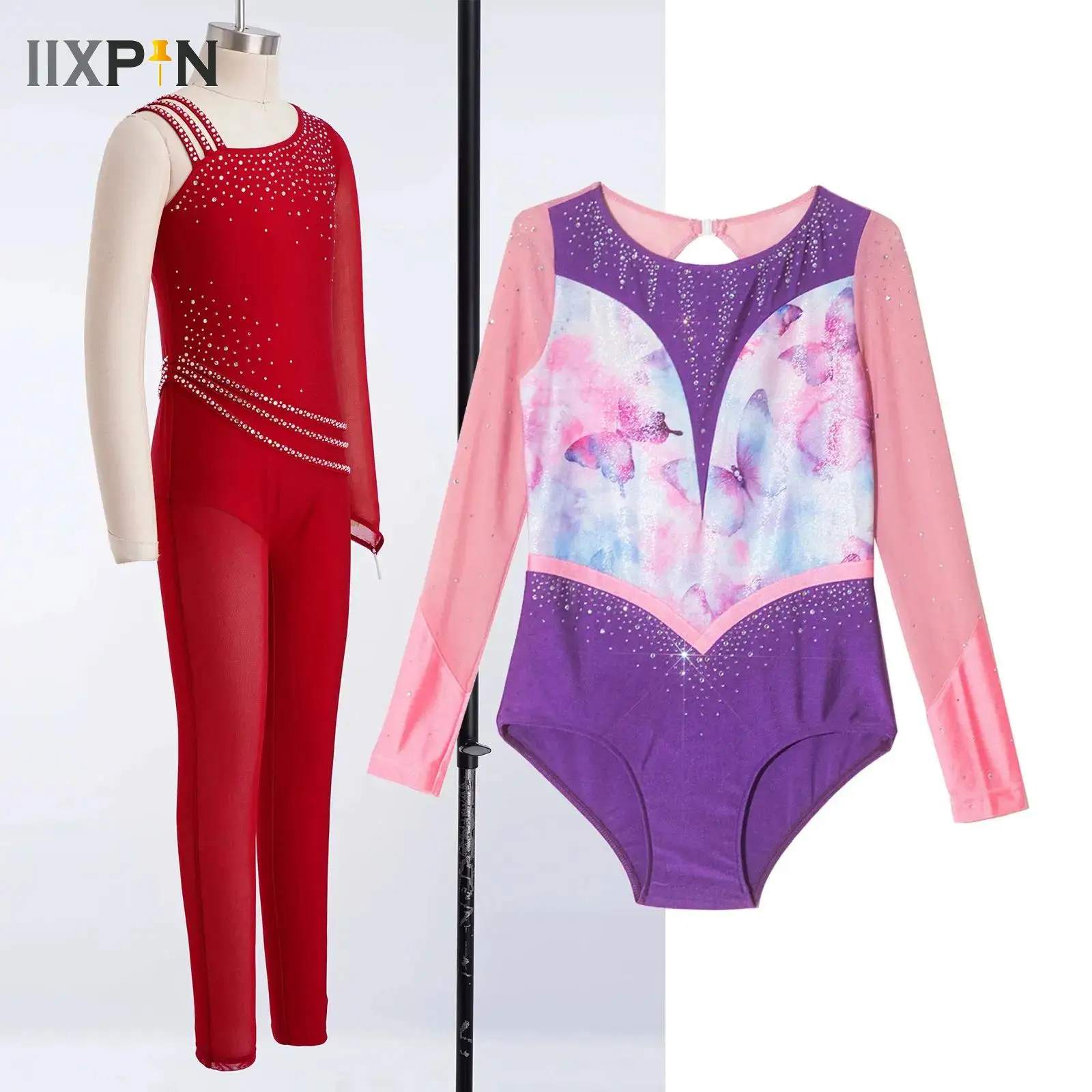 

Ballet Dance Full Body Leotard for Kids Girls Shiny Rhinestones Single Sleeve Sheer Mesh Jumpsuit Stage Figure Skating Dancewear