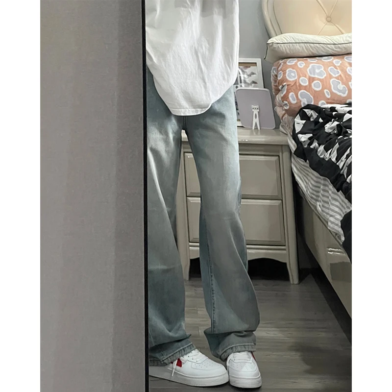 

Мужские джинсы с высокой талией, прямые, летние, светло-голубые, с эффектом потертости, облегающие, на молнии, повседневные