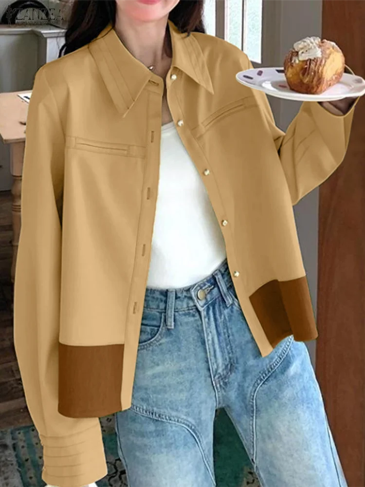 

ZANZEA Women Fashion Thin Jackets Autumn Long Sleeve Color Patchwork Elegant Office Coats 2025 Elegant Pockets Loose Outerwears