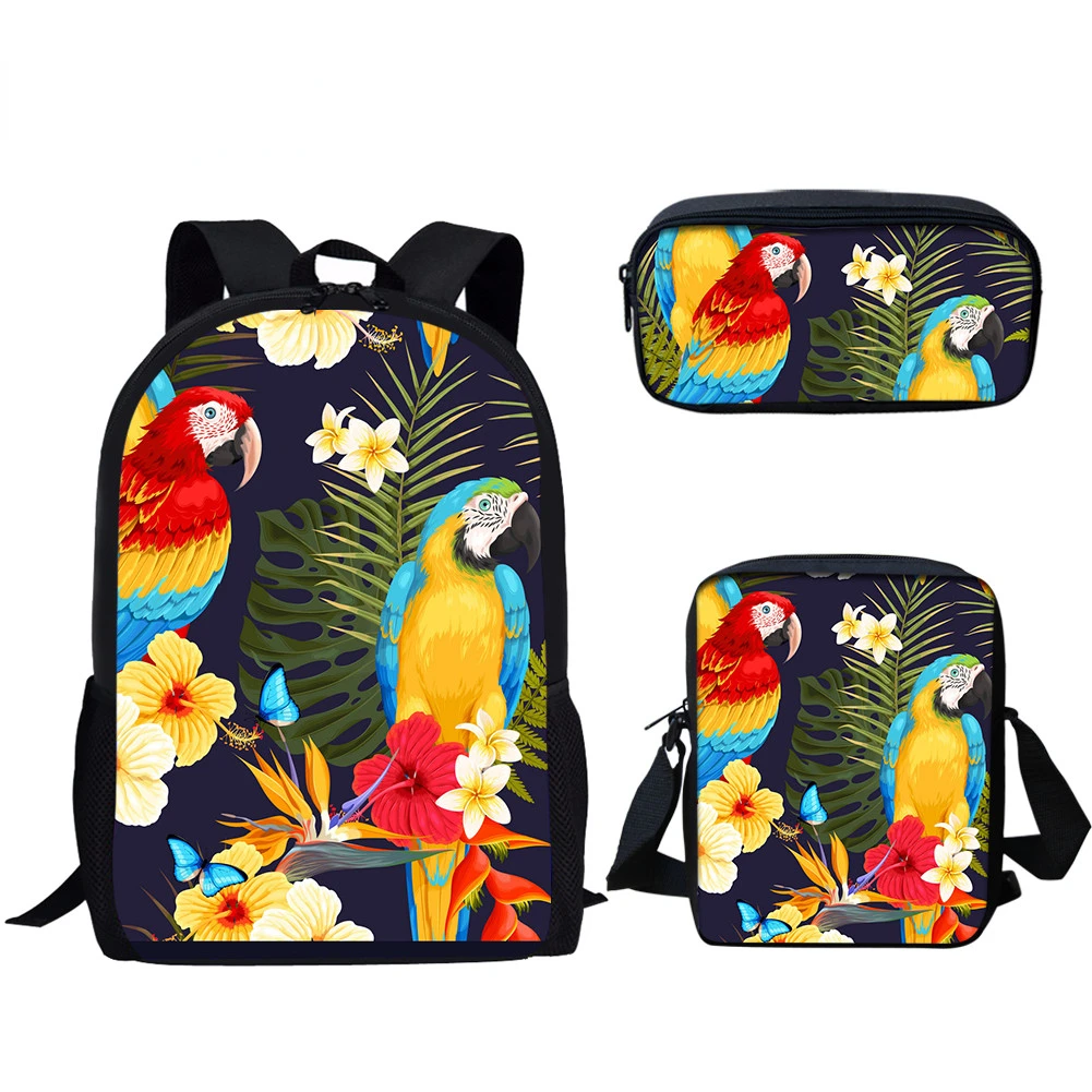 

Popular Youthful Parrot Floral 3D Print 3pcs/Set Student Travel bags Laptop Daypack Backpack Shoulder Bag Pencil Case