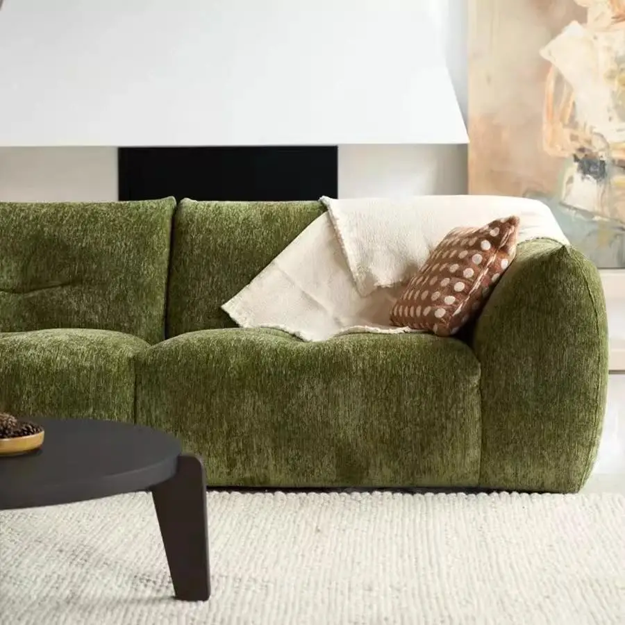 French Retro Mochi Fabric Sofa, Mid-Century Cream Chenille Straight Set for Small Living Room