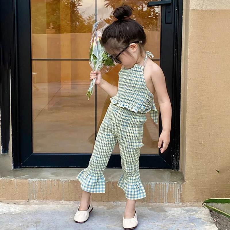 Summer Girls Two-Piece Set Sling Elastic Blouse+Flared Trouser Kid Fashion Outing Breathable Plaid Suit Casual Sweet Outfit 3-8Y