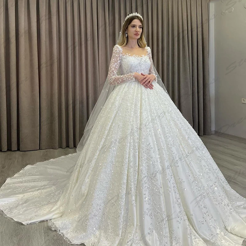 Robe de Mariée Luxueuse en Dentelle Pailletée pour Femme, Tenue Élégante à Manches sulf, Style Princesse Arabe Dubaï, Patients, Quelle que soit la ixFormelle sur la Plage, 2024