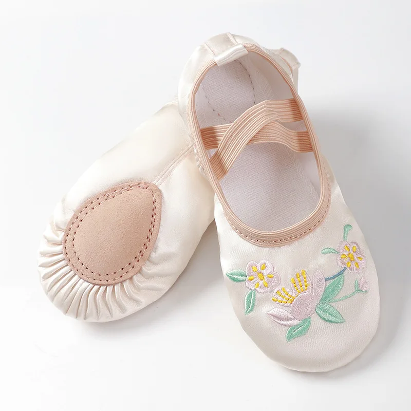 Classical Dance Ballet Shoes, Girls' Satin Practice Slippers, Split Soft Leather Flat Bottom Yoga Gymnastics Embroidery Hanfu