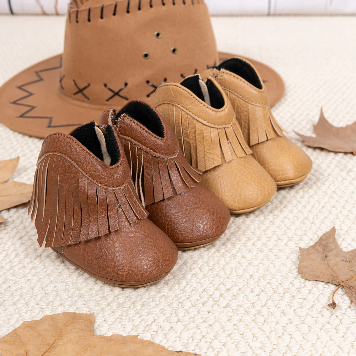 Meckior Baby Boys Girls Boots Newborn Baby Walking Shoes First Day Tassel Leather Baby Casual Shoes Anti-Slip Cotton Sole