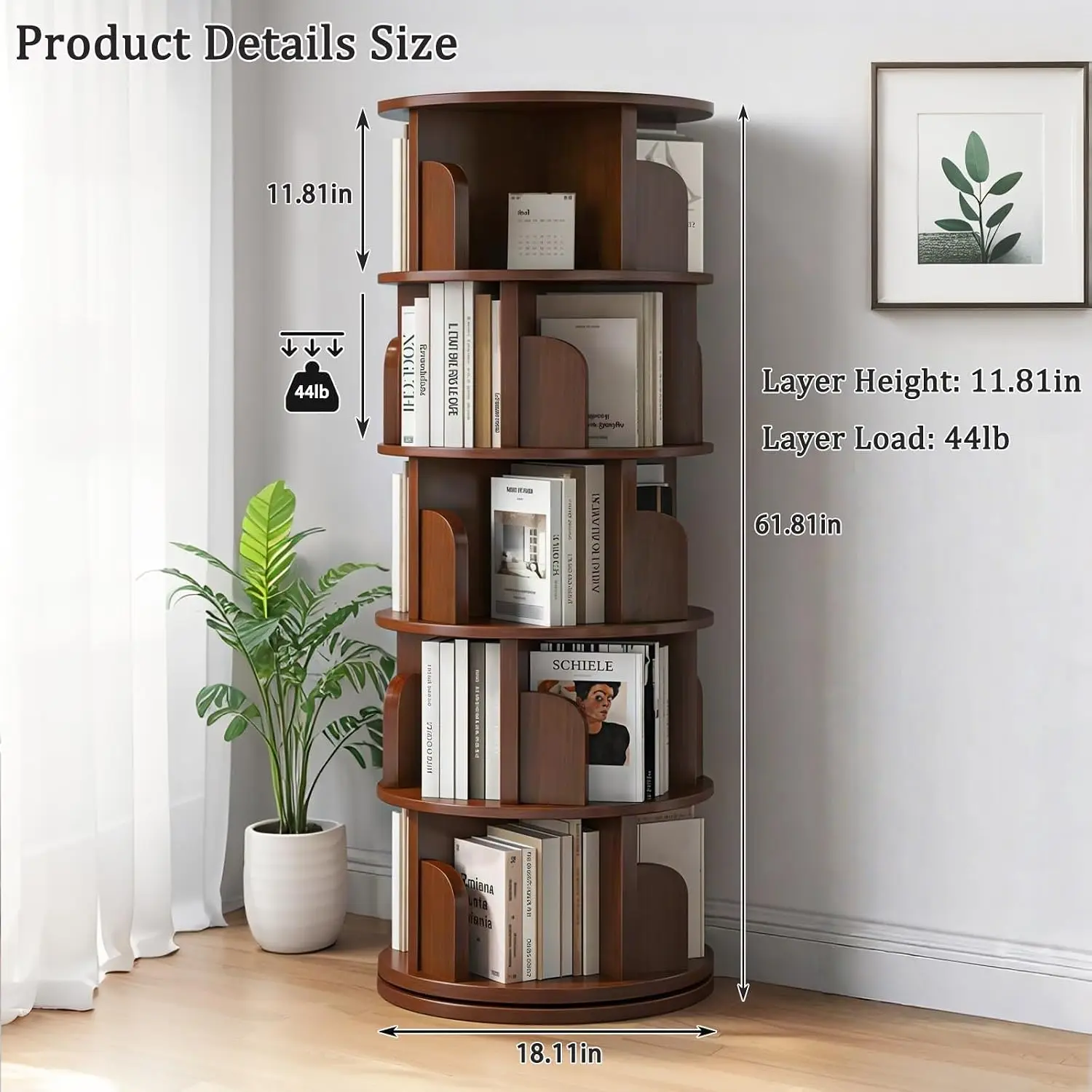 5 Tier Rotating Bookshelf 360° Spinning Tower Space-Saving Corner Bookcase for Bedroom Office Walnut, Customized