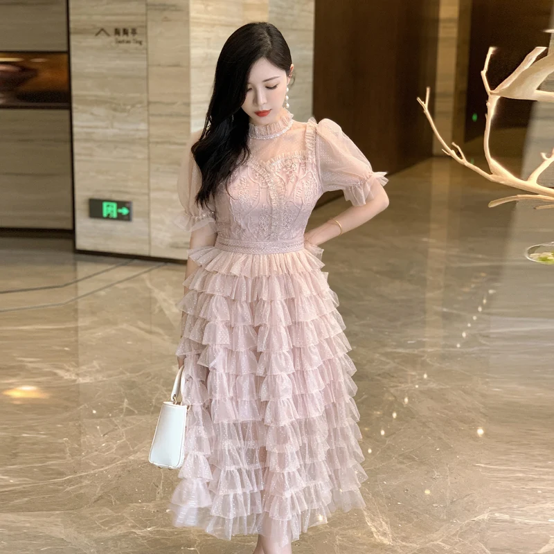 High Quality Luxury French Midi Pink Mesh Embroidery Dress Women Elegant Party Bubble Short Sleeve High Waist Puffy Cake Dress