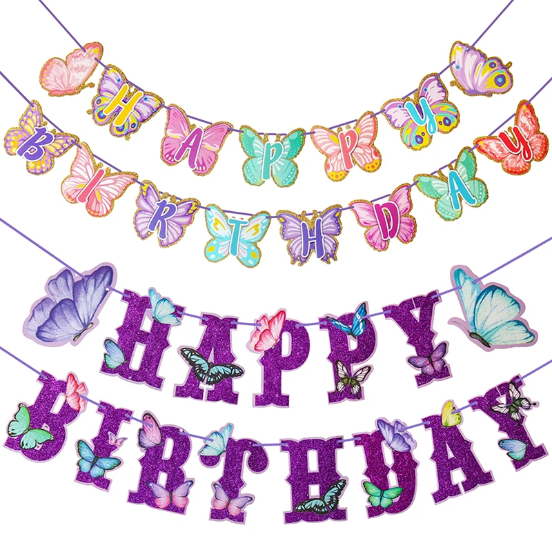 Purple Butterfly Happy Birthday Banner Sparkling Fairy Garden Themed Decoration For Kids Girls Babies Party Supplies