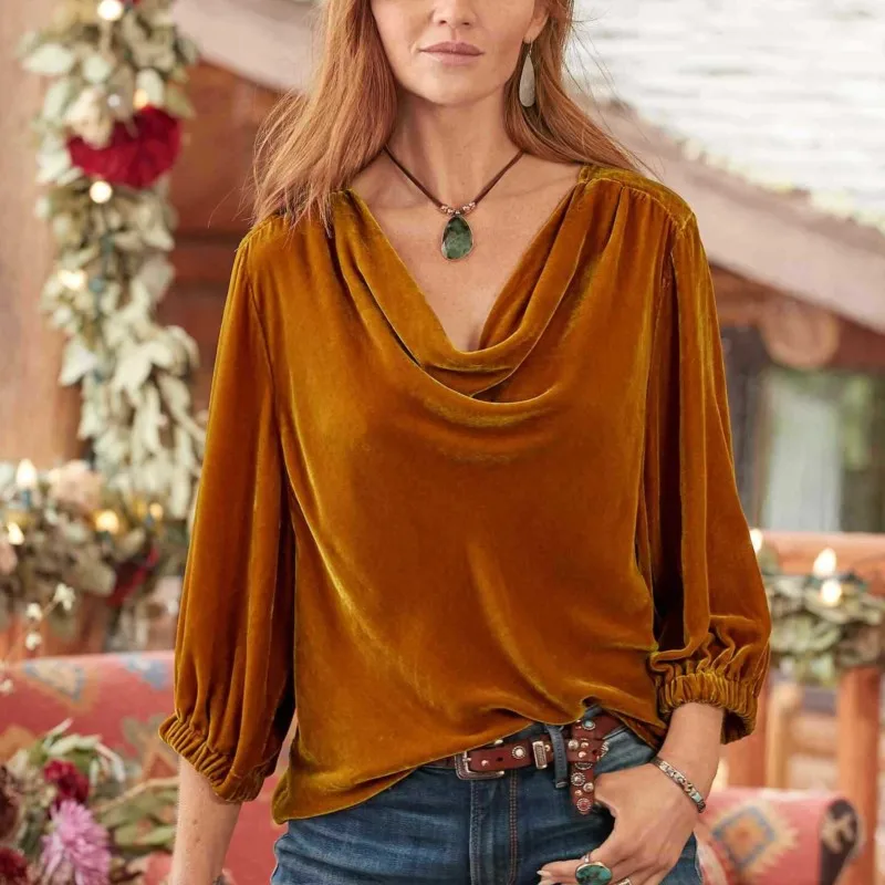 

Elegant Retro Style Velvet Shirt for Women 2025 New Autumn Winter Solid Color Pile Collar Long-sleeved Top Office Shirts Ladies