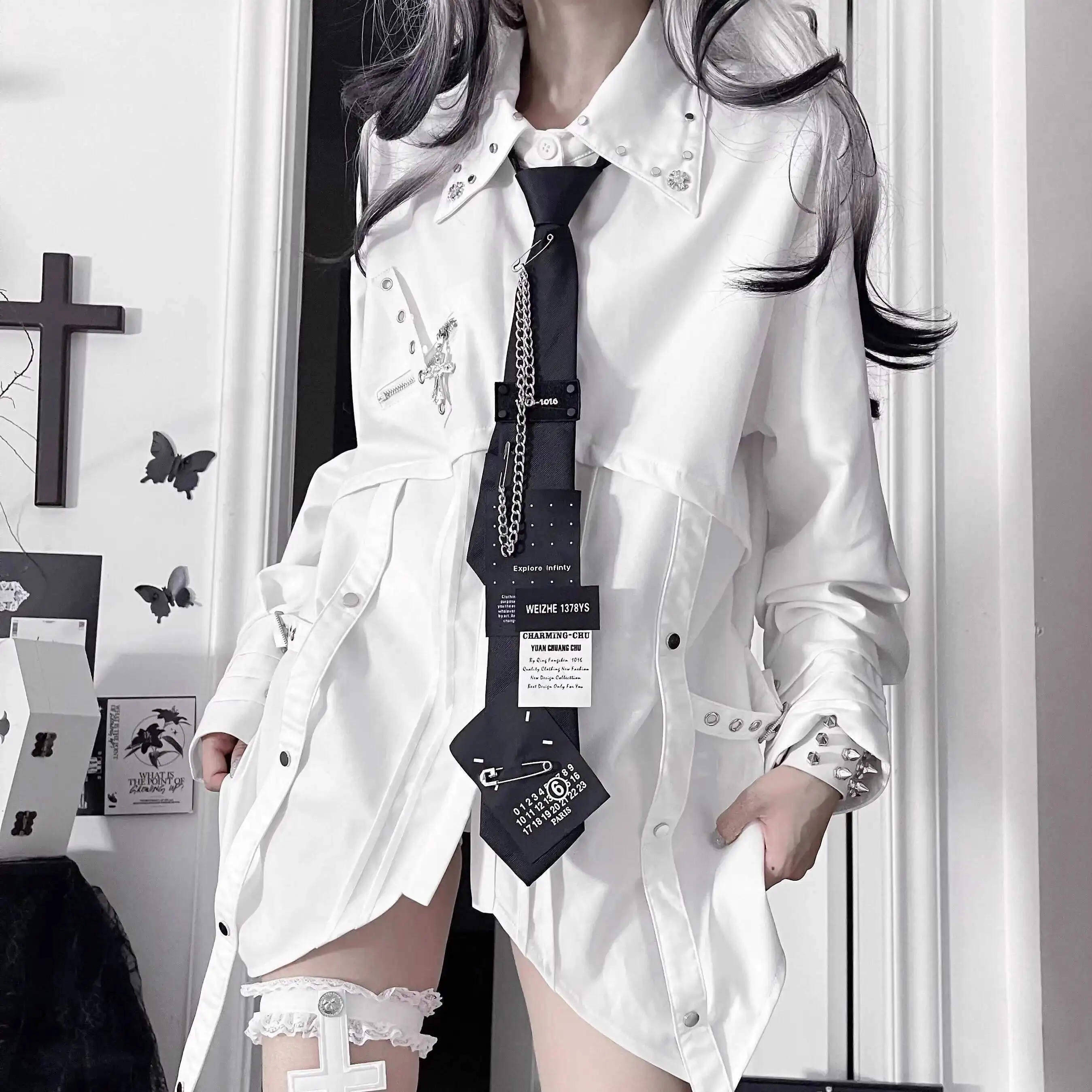 

Original Deconstructed Design Gothic Punk Black Shirts Women Unique Tie With Metal Accents Versatile Stylish Top