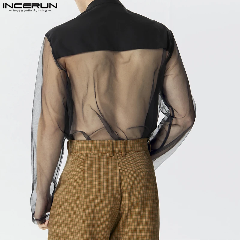 INCERUN Men's Irregular Shirt Mesh Patchwork Stand Collar Long Sleeve Camisas Streetwear Transparent 2024 Fashion Men Clothing