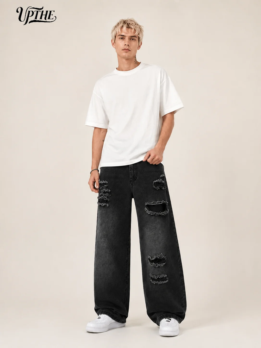 Men's Baggy Wide Leg Ripped Jeans, Y2K Distressed Jacquard Denim Pants, Loose Fit Hip Hop Streetwear Casual Denim Trousers for Men