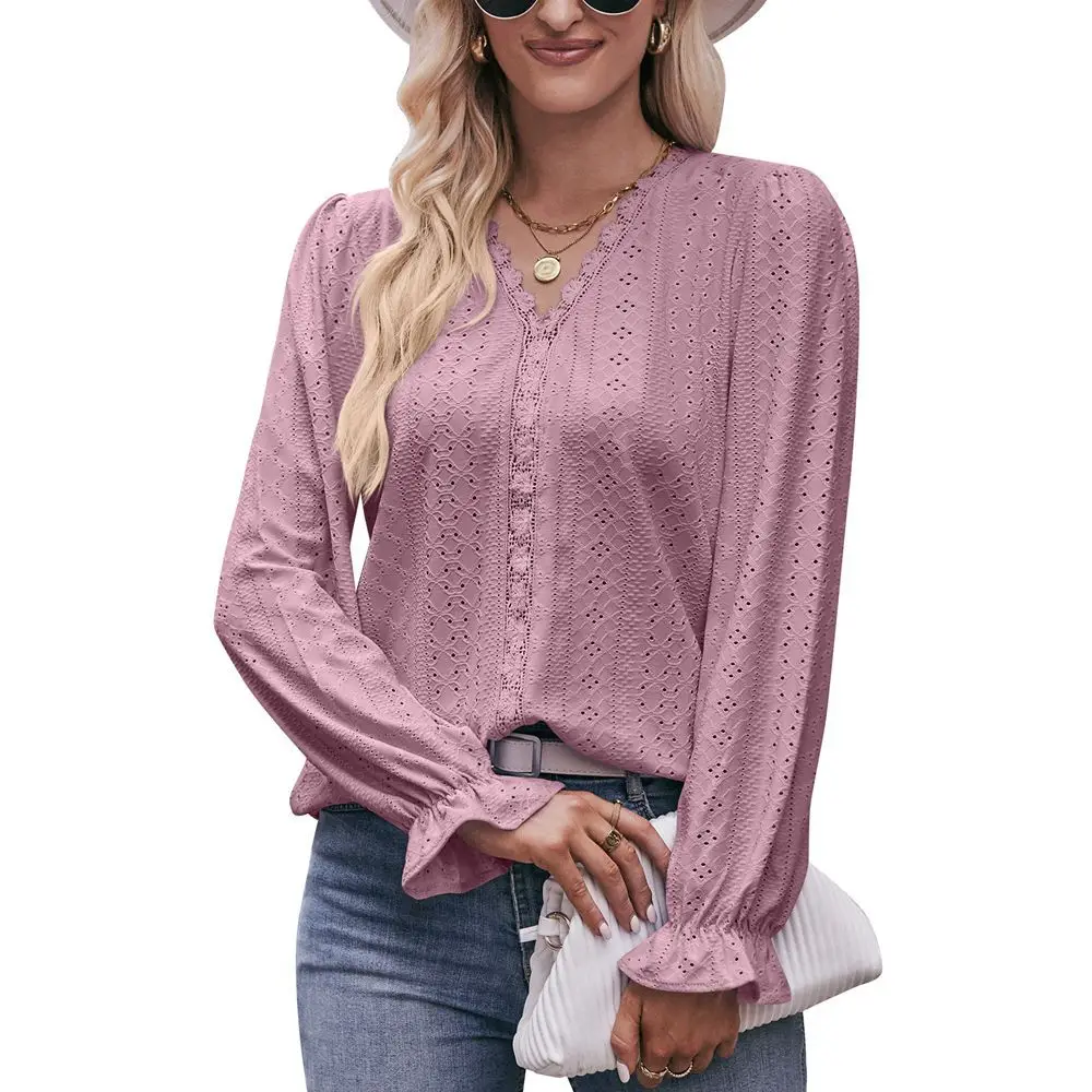 Women's Blusas Temperament Commuting Clothing Sweet Lace Trim V-neck Embroidered Eyelets Solid Color Bubble Long Sleeve Blosues