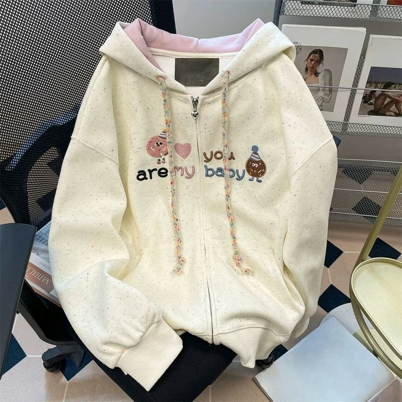 Women Embroidered Hoodie Cardigan Spring Autumn Zip Up Sweatshirt Casual Streetwear Hooded Outwear Tops