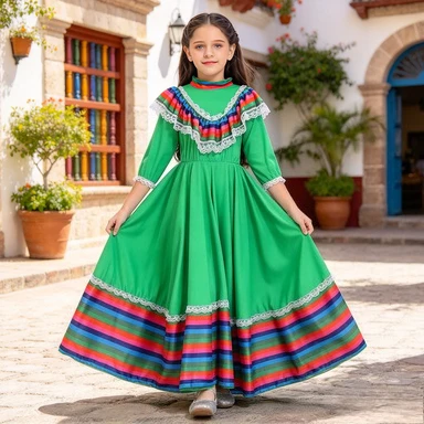 Children Traditional Mexican Long Skirt Costume Ethnic Dance Outfit for Party Game Stage Performance