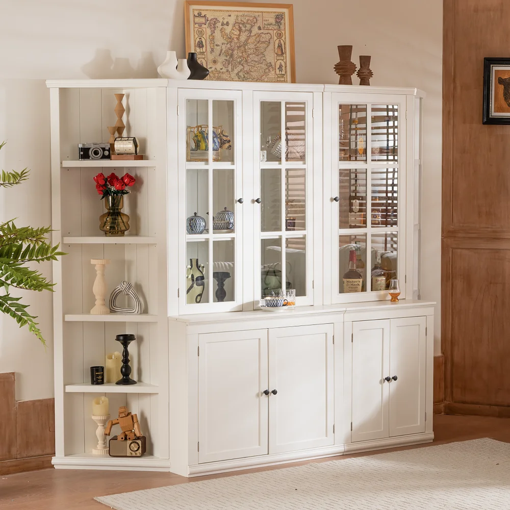 

75.25''H Display Cabs & Triangle Bookshelves,92.9''W Retro Glass-Door Wall Suit-White