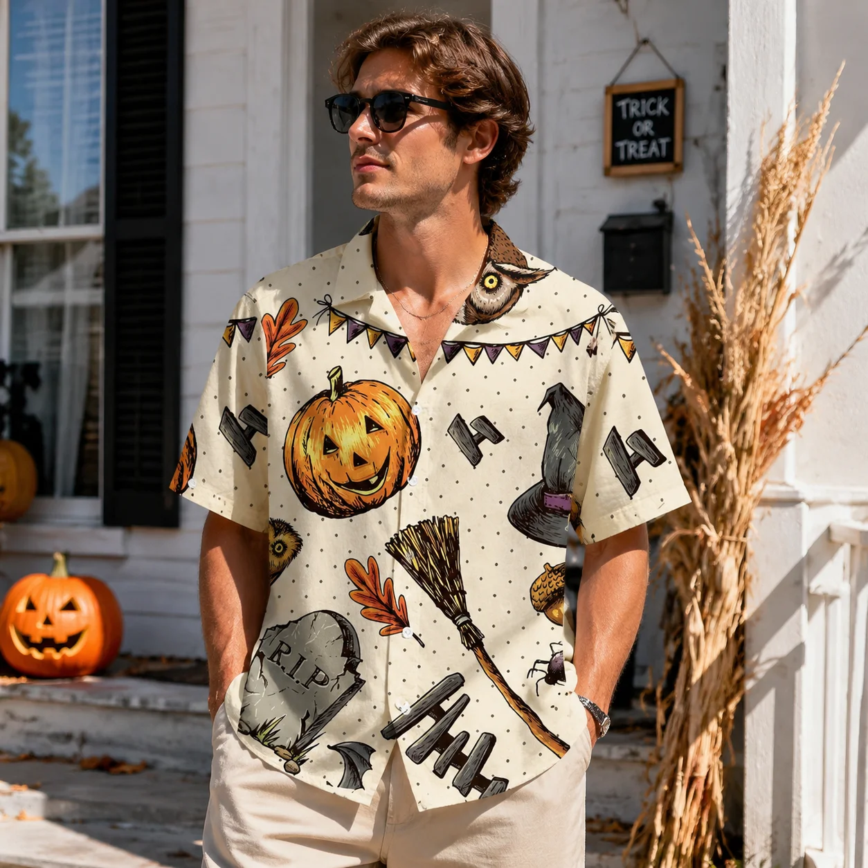 Men Cotton Shirt Halloween Pumpkin Print Short Sleeve Button Down Loose Fit Casual Streetwear Tops Summer Fashion Aloha Shirts