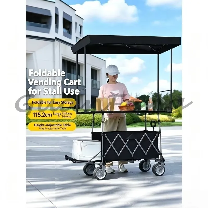 Large Capacity Foldable Camping Wagon, Portable Picnic Trolley with Adjustable Table Board for Stall Travel & Shopping