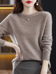 Hot Sale Slash Neck Classics Hollow Out 100% Cashmere Merino Wool Women Seamless Casual Loose Fit Sweater Pullover Clothing