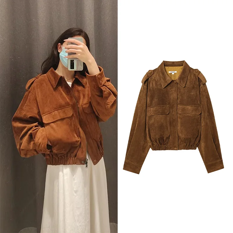 

Осень-зима женская замшевая куртка модная с длинными рукавами отложной воротник эластичный подол на молнии женское пальто простые женские топы