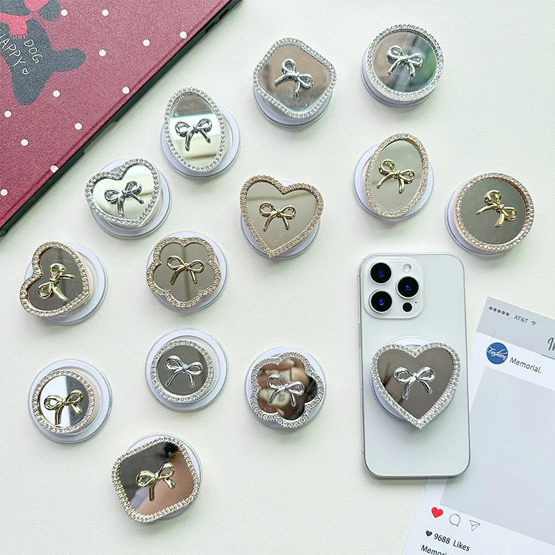 

Korean Rhinestone Bow Love Round Flower Holder Mirror Phone Airbag Bracket Magnetic Retractable Desktop Support Frame Kickstand