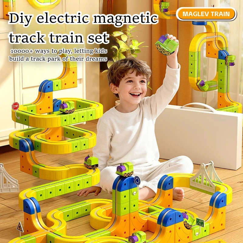 129PCS Creative Large Particles Diy Electric Magnetic Track Train Set Building Blocks Educational Toys Gift For Children Kids