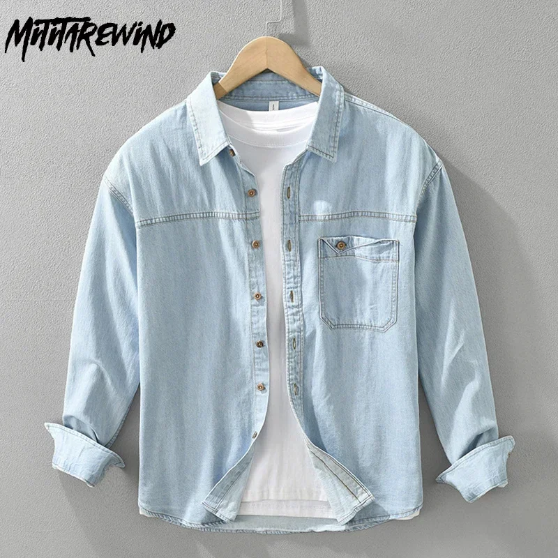 Japanese Vintage Long Sleeve Denim Shirt Men Spring Fall Streetwear Loose Shirts Male Pocket Pure Cotton Jean Shirt Youth Top