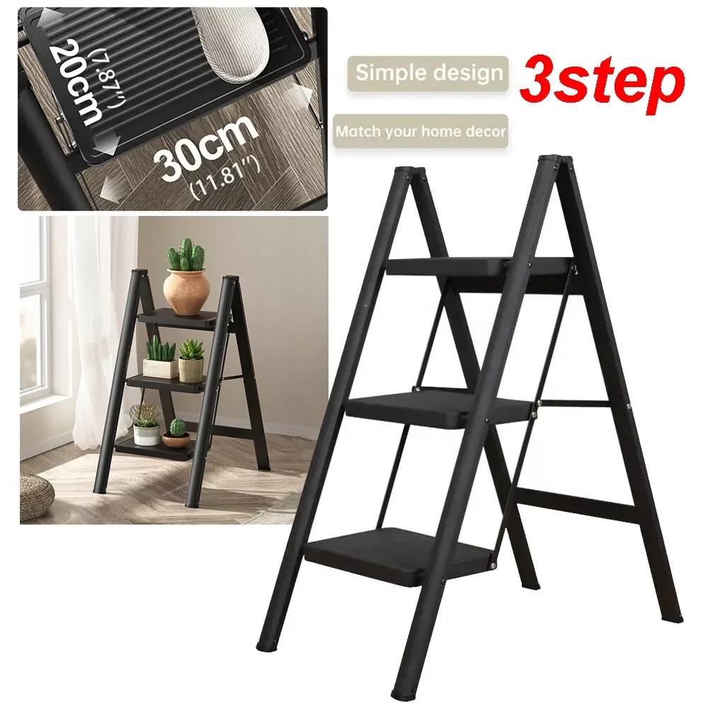 3 Step Ladder Aluminum Light Folding Step Multifunctional Protable Ladder Stable Household Step Stool Black Shelf For Home