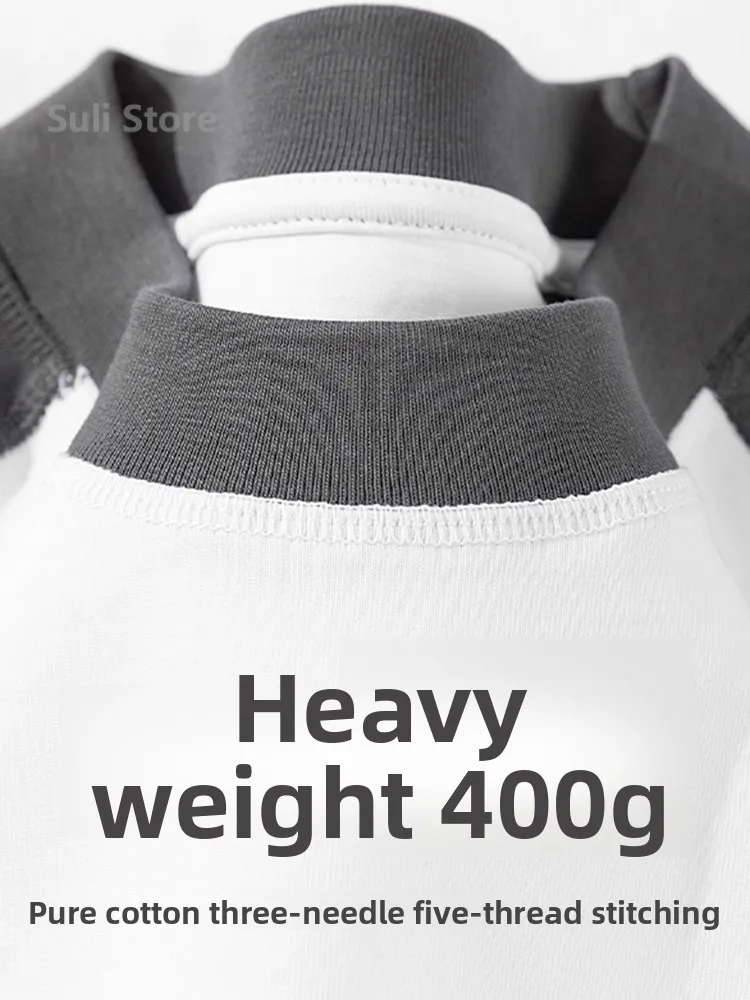 

400G Heavy Shoulder Sleeve Short-sleeved T-shirt, Summer Contrasting Color Pure Cotton Round Neck T-shirt Loose Top