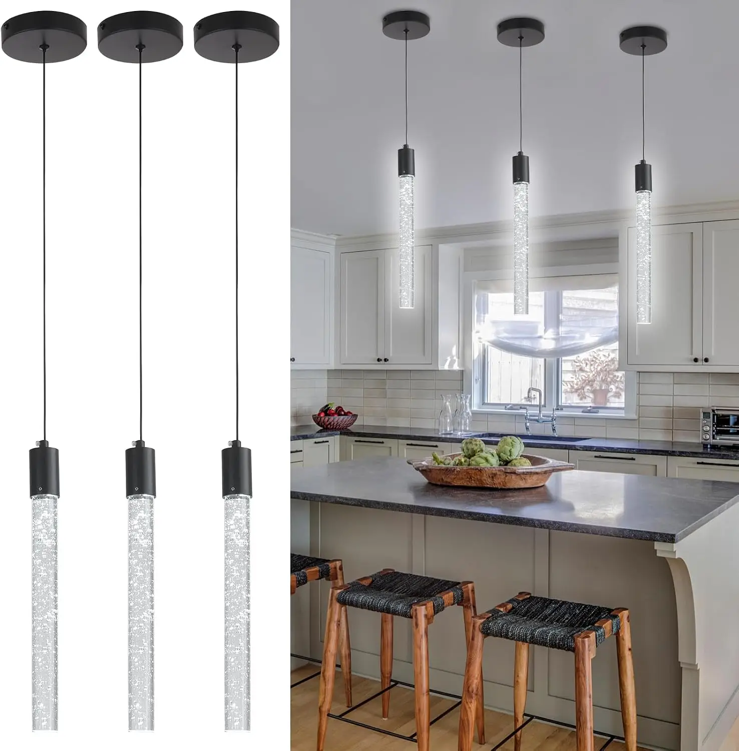 3PC Bubble Crystal Pendant Lights Integrated LED Black | Adjustable Hanging Crystal Rod Lighting For Kitchen Island Dining Room Bar Or Counter