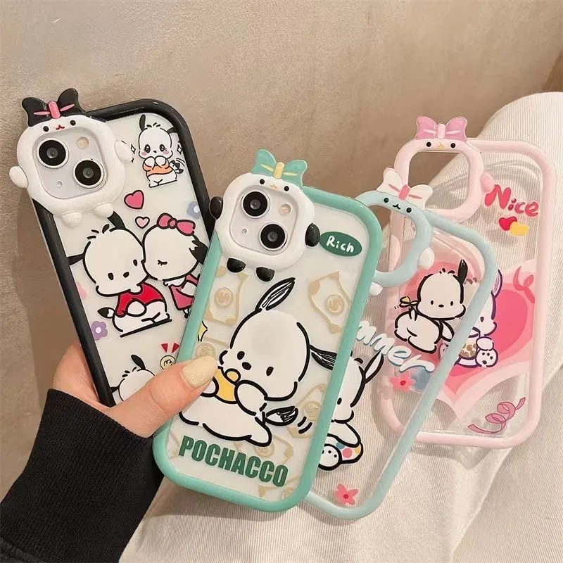 Cute Pochacco Phone Case For IPhone 16 15 14 13 12 11 7 8 XR XS Plus Pro Max 3D Bow-knot Little Monster Lens Soft Silicone Cover