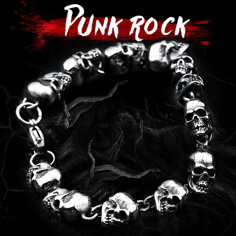 Gothic Retro Creative Stainless Steel Skull Shaped Bracelet Hip-hop Punk Style Men's Domineering Wristband Accessory