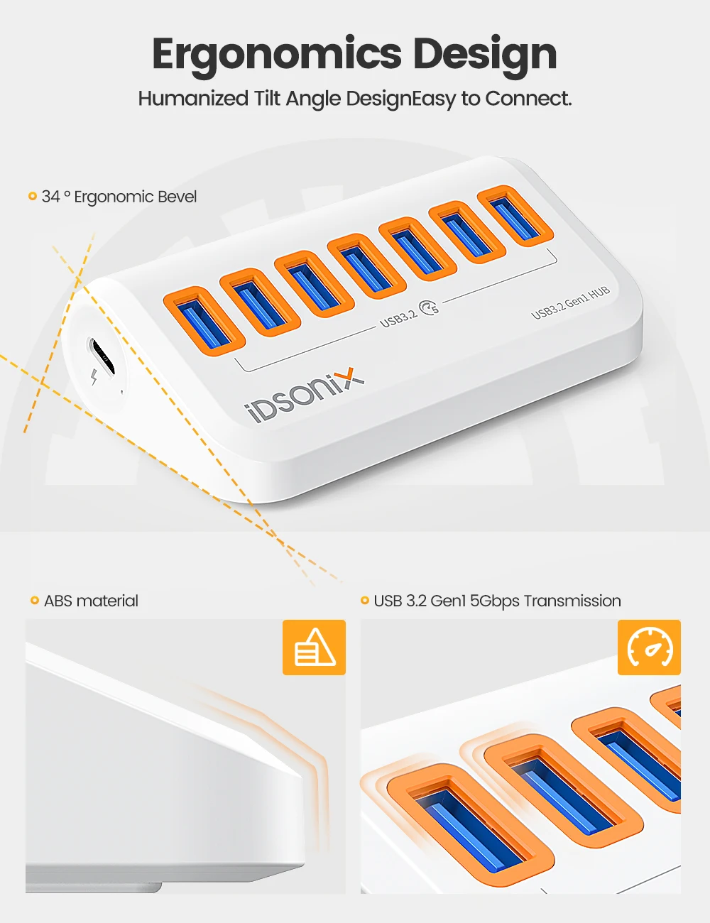 iDsonix USB Splitter USB 3.2 Hub 10Gbps Type C Adapter Multi Ports USB 3.0 Docking Station Hub for Surface Macbook Laptop PC Hub