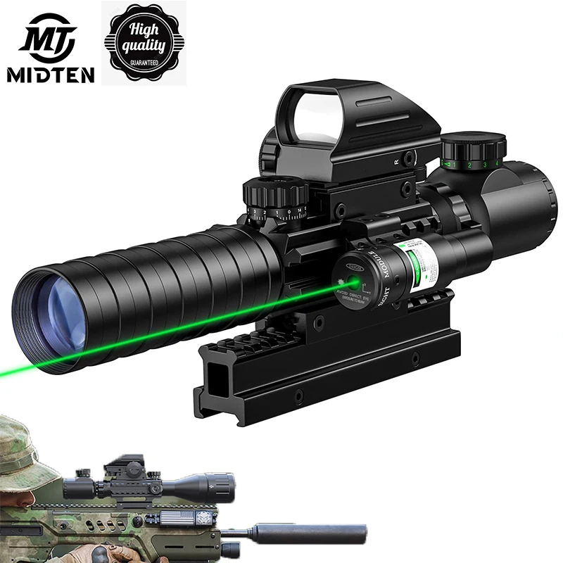 

MidTen Riflescope Scope Combo 3-9x32 Set 4 Holographic Reticle Green Dot Sight IIIA/2MW Laser 20mm Mount Dual Illuminated Huntin