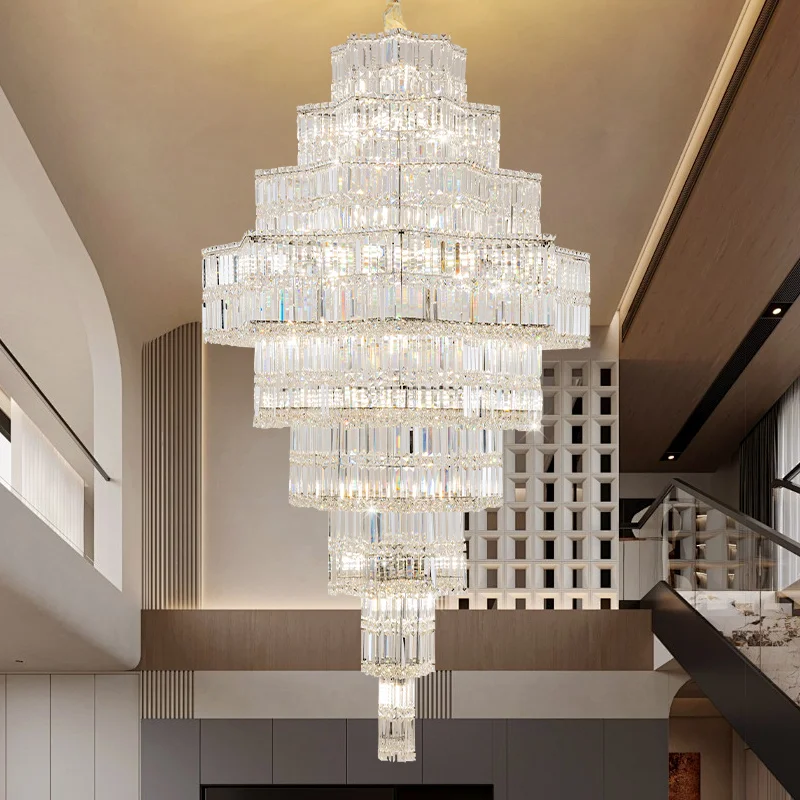

Duplex building, living room, large chandelier, hollow, empty and high, modern headlight, light luxury, high-rise villa, crystal