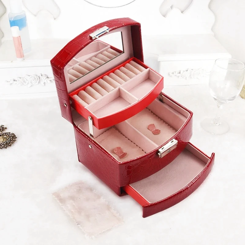 

Rog-eyJewelry Storage Box 3-Layer PU Leather Earring Ring Jewelry Storage Box Display Jewelry Box Packaging Gift Box Rose