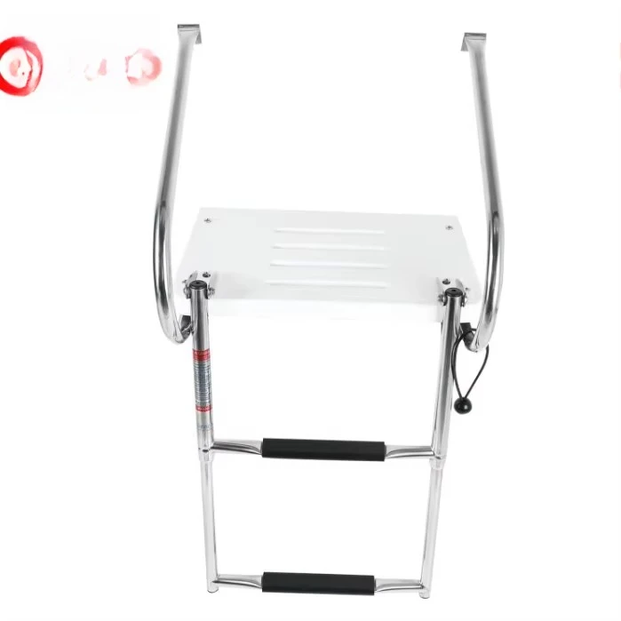 Foyo Escalera de barco retráctil con plataforma de fibra de vidrio para piscina, paseo, muelle, escalera de mesa plegable con 2 pasamanos